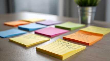Colorful sticky notes scattered on a wooden table some with handwritten lists and reminders