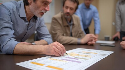Focused business professionals discussing a detailed color coded project plan during a meeting