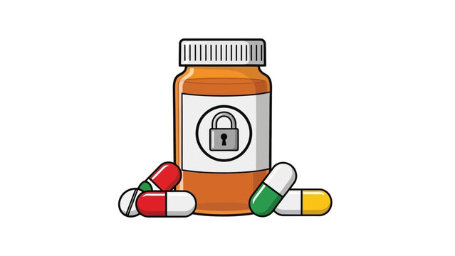 Secure medication bottle with colorful pills and locked label
