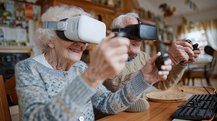 Happy Senior Experiencing Virtual Reality with VR Headset