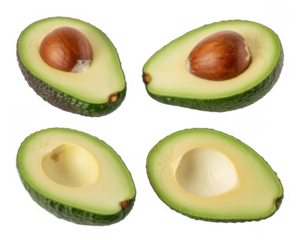 Four Halved Avocados with Seeds green fruit isolated on a transparent background