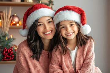 Mother and child wearing festive headwear smile brightly for a holiday portrait indoors