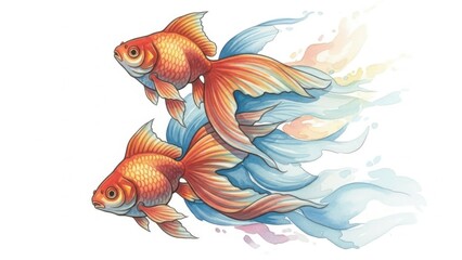 Fototapeta premium Goldfish Swimming with Flowing Colorful Tails, Watercolor Illustration Isolated on White