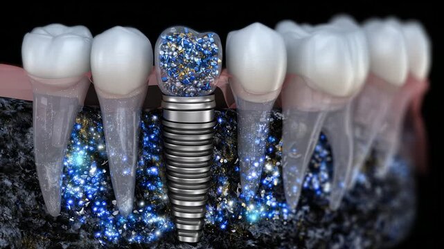 25Premolar implant placement cross-section showing implant threading into jawbone, gum tissue rendered in translucent layers, dynamic lighting highlighting metal textures and biologi