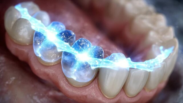 26Anatomically correct 3D diagram showing premolar implant alignment guide placed, laser positioning lines casting reflective glow on enamel and surgical steel, highly technical visu
