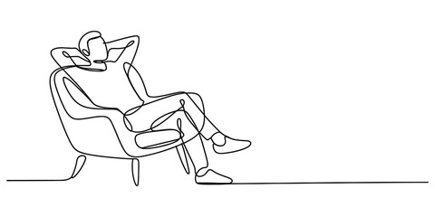 Continuous line drawing of a person relaxing comfortably in a chair Vector, illustration