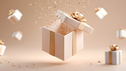 A festive surprise unfolds as a gift box opens releasing golden confetti with other elegantly wrapped presents floating in a warm soft lit studio environment