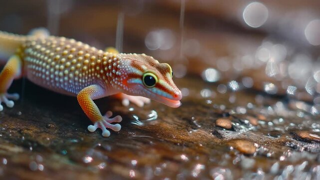 Close-up shot of a vibrant leopard gecko with spotted skin on a wet, dark surface, showing water droplets and reflections.