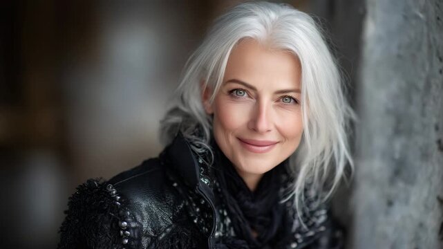 29Elegant older model with silver locks, dressed in matte black clothing, dramatic low-key lighting emphasizing contours, confidence radiating through steady gaze