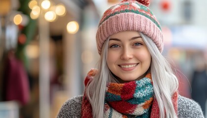 Young woman with light hair smiles warmly while wearing knitted winter headwear and a colorful scarf outdoors