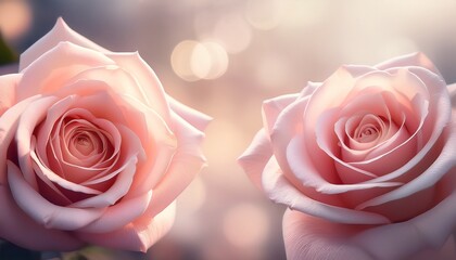 two delicate light pink roses close up soft focus background