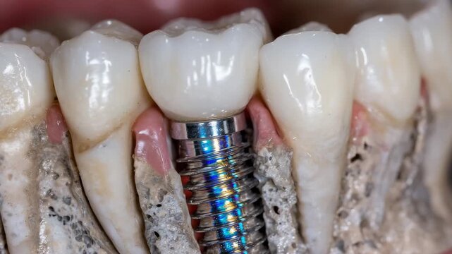 30Molar implant installation model showing abutment screw tightening sequence, polished implant threads catching highlights, vivid gum and bone layers for clarity, educational dental