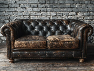 Vintage leather chesterfield sofa with deep tufting and worn texture, positioned against a rustic brick wall, creating a cozy and inviting atmosphere for interior design