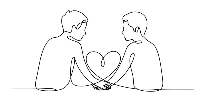 Continuous line art of two men forming a heart with their hands, symbolizing gay love and connection Vector, illustration