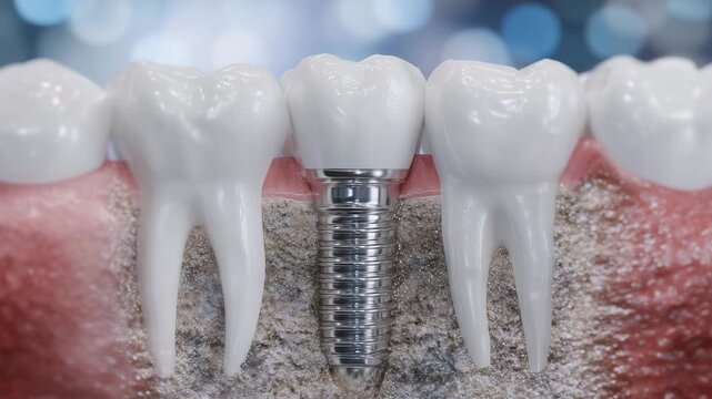 31Cutaway view of molar implant system, crown removed to expose abutment and root structure, gum surface smooth and glossy, implant ridges sharply defined, medical training illustrat