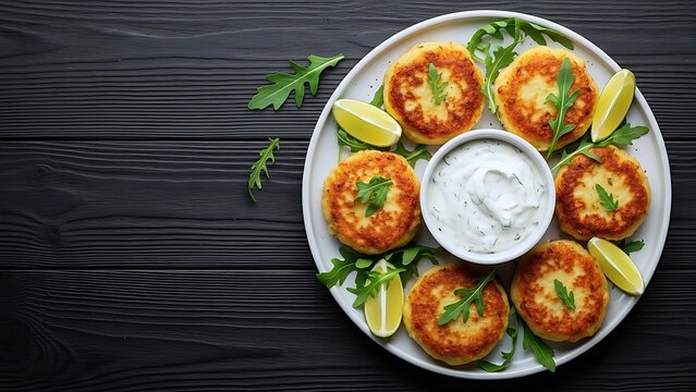 Golden Brown Fish Cakes Served With Creamy Sauce Arugula And Fresh Lime Wedges On A Dark Wooden Background Top Down View.