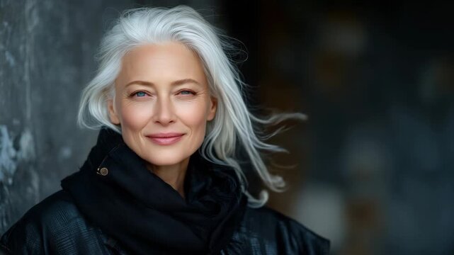 31Elegant older model with silver locks, dressed in matte black clothing, dramatic low-key lighting emphasizing contours, confidence radiating through steady gaze