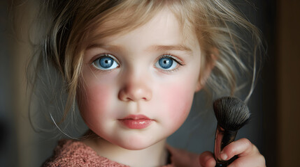 Young girl with striking blue eyes holds a makeup brush, showcasing innocence and curiosity, surrounded by a soft, warm atmosphere, embodying childhood beauty and creativity