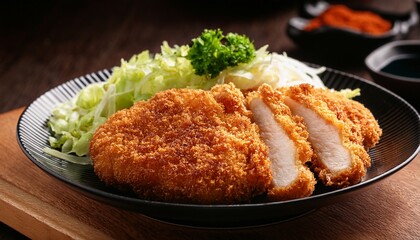 side view of tonkatsu on wood table