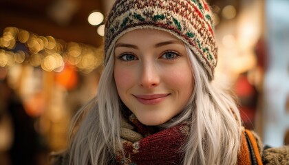 Young woman wearing knitted winter hat and scarf smiles brightly at an outdoor market setting