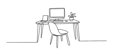 Minimalist line art of a home office desk with a computer, laptop, and chair Vector, illustration