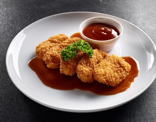 tonkatsu with sauce on white plate