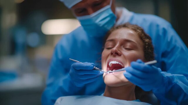 34Selective-focus view of a dentist inspecting a molar, metal tools catching specular highlights, patient&rsquo;s lips and cheeks softly out of focus, sterile environment softened into smo