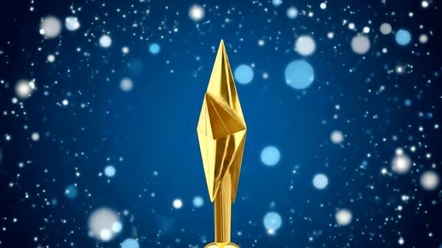 Golden star trophy shining brightly against a blue background with floating snowflakes and sparkles