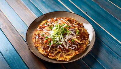 top view of okonomiyaki pancake on wood table