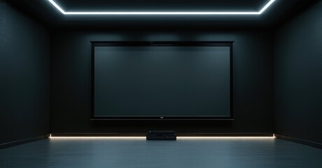 Fototapeta premium Dark home theater setup. Blank screen dominates room, illuminated by subtle lighting. Minimalist design creates immersive experience.