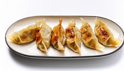 japanese gyoza dumplings on white platter on white background
