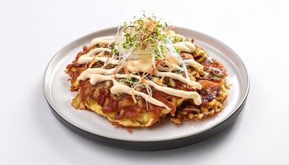 Fototapeta premium okonomiyaki slices with mayonnaise sauce bonito flakes on white plate on white background