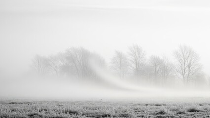 Foggy field with bare trees