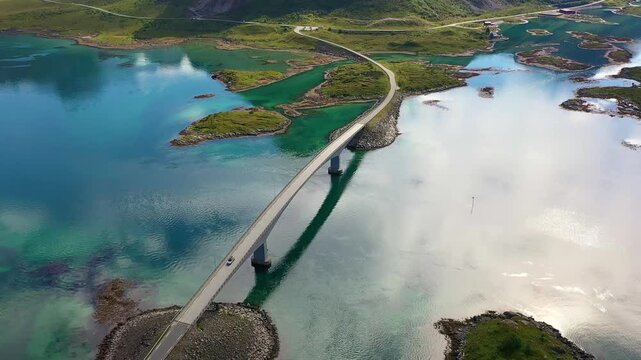 Cars crossing a bridge in the Lofoten Archipelago - Aerial footage