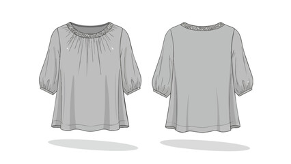 Fashion illustration flat sketch of a women's gray gathered neckline blouse with puffy sleeves and decorative collar detail presented front and back