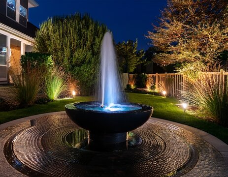 dark bowl fountain lit at night in a landscaped yard - Powered by Adobe