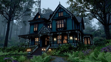 Naklejka premium Victorian Mansion in a Forest at Dusk.