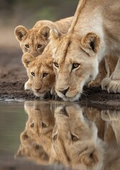 Naklejka premium Lions drinking at a watering hole, reflected in the water