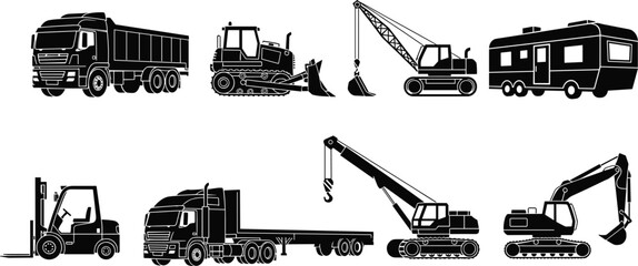 Construction and transport vehicle silhouette illustration set featuring trucks, bulldozer, cranes and excavator, heavy machinery icons for industrial vector design © Rayhan