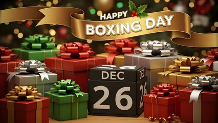Happy Boxing Day Golden Ribbon Banner, December 26 Calendar Cube, and Festive Gift Boxes with Bokeh Lights