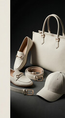 Fashion accessories in cloud dancer color of the year 2026. Includes a handbag, shoes, belt, and cap arranged on a dark background.