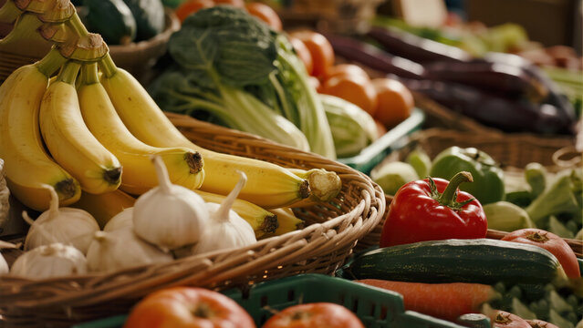 Fresh fruits and vegetables displayed in baskets