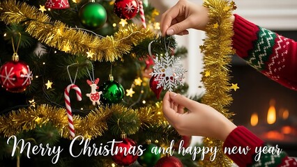 Hands decorating a festive Christmas tree with various ornaments, spreading holiday cheer and preparing for a joyful new year celebration