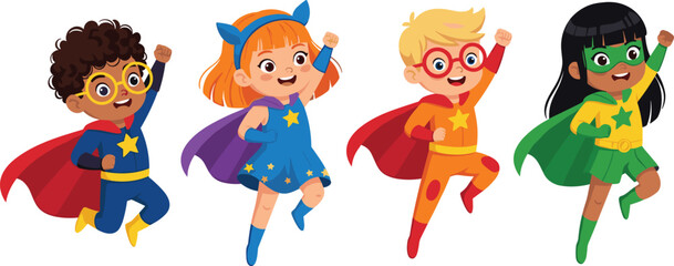Cute superhero kids flying illustration in colorful costumes, playful cartoon vector characters showing imagination, bravery, teamwork, empowerment, and childhood creativity