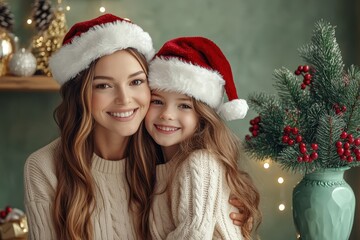 Joyful mother and child wearing festive hats embrace near holiday decorations