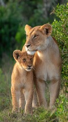 Fototapeta premium Lioness and cub in savanna (1)