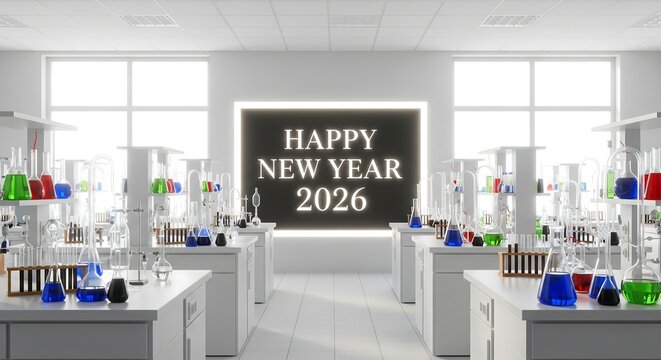 Modern laboratory with Happy New Year 2026 sign and colorful beakers - Powered by Adobe