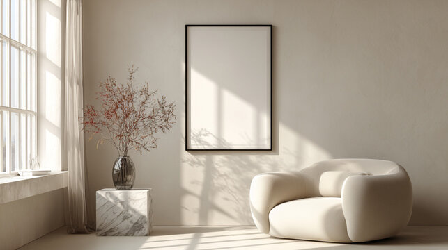Scandinavian interior background with an empty picture frame hanging above a modern curved couch and marble table in bright natural light