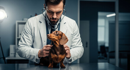  A serious-looking, well-dressed veterinarian gently examining a miniature Dachshund on a sleek, stainless steel table. The background is a clean, modern clinic, with the focus on the intense, caring 