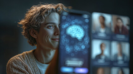 Young man using AI powered dating app smartphone interface with glowing brain icon and profile images in blurred background digital connection concept